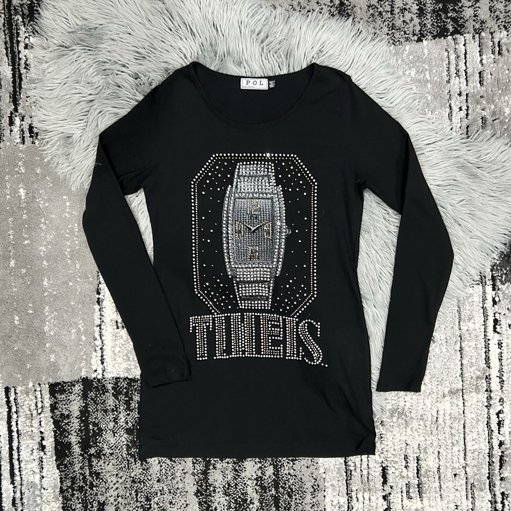 POL Women's Black Long Sleeve Time PC Embellished Watch Design Dress Size Large